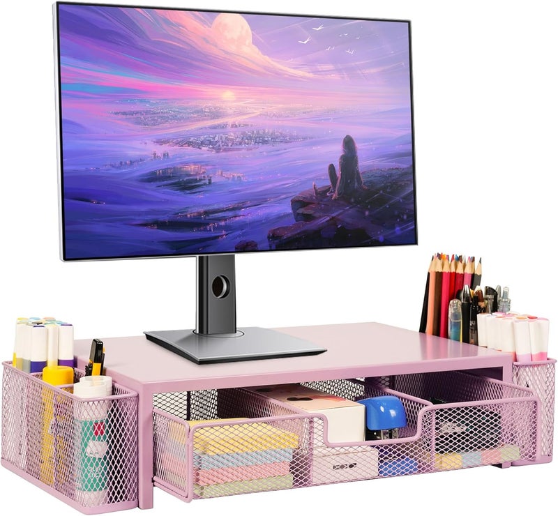 Qupui Computer Monitor Stand Riser with Drawer and Pen Holders, Desk Organizer Shelf and Accessories, Office Desk Accessories, Office Organization, Pink - Image 1